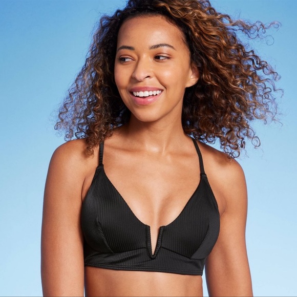 2/$20 Shade & Shore Ribbed Longline V-Wire Bikini Top - Black - Picture 3 of 5